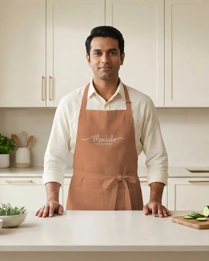 Professional Kitchen Apron Mockup With Adjustable Neck Strap And Tied Waistband For Chefs