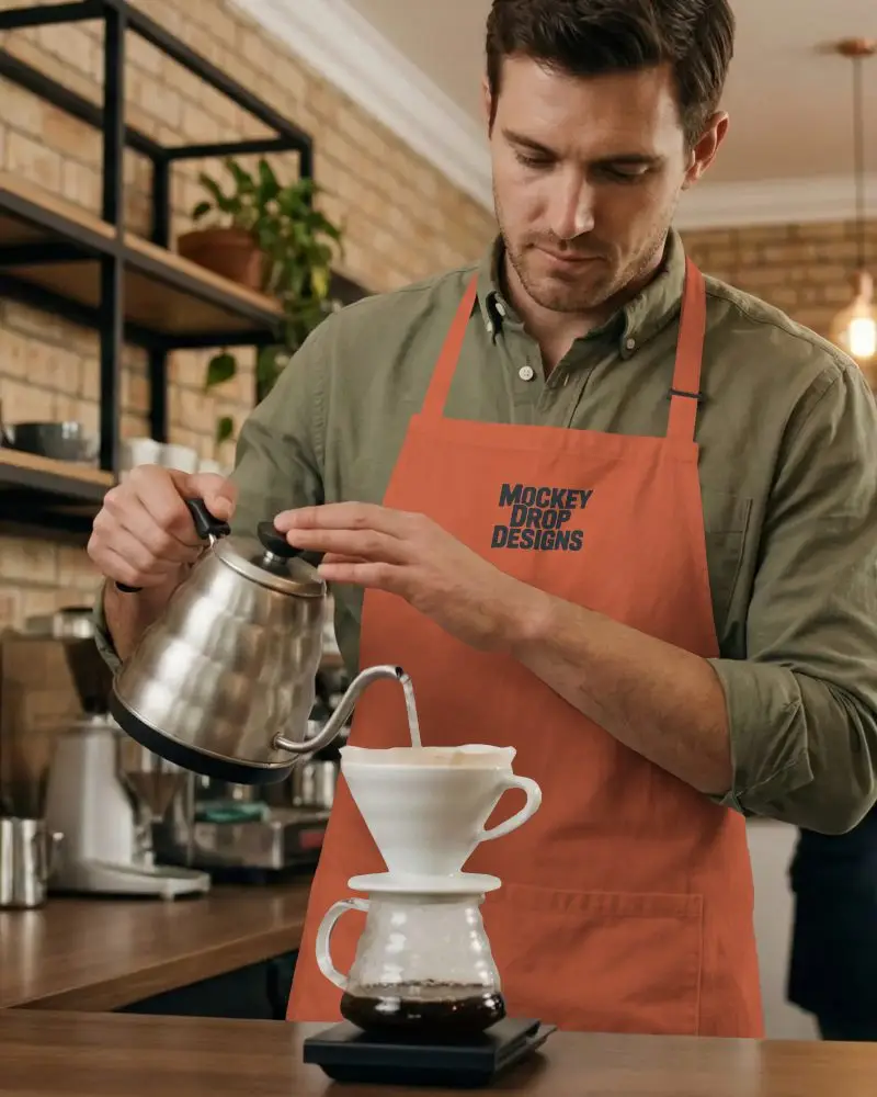 Man Wearing Apron Mockup Making Handcrafted Coffee With Precision In Coffee Shop Setting