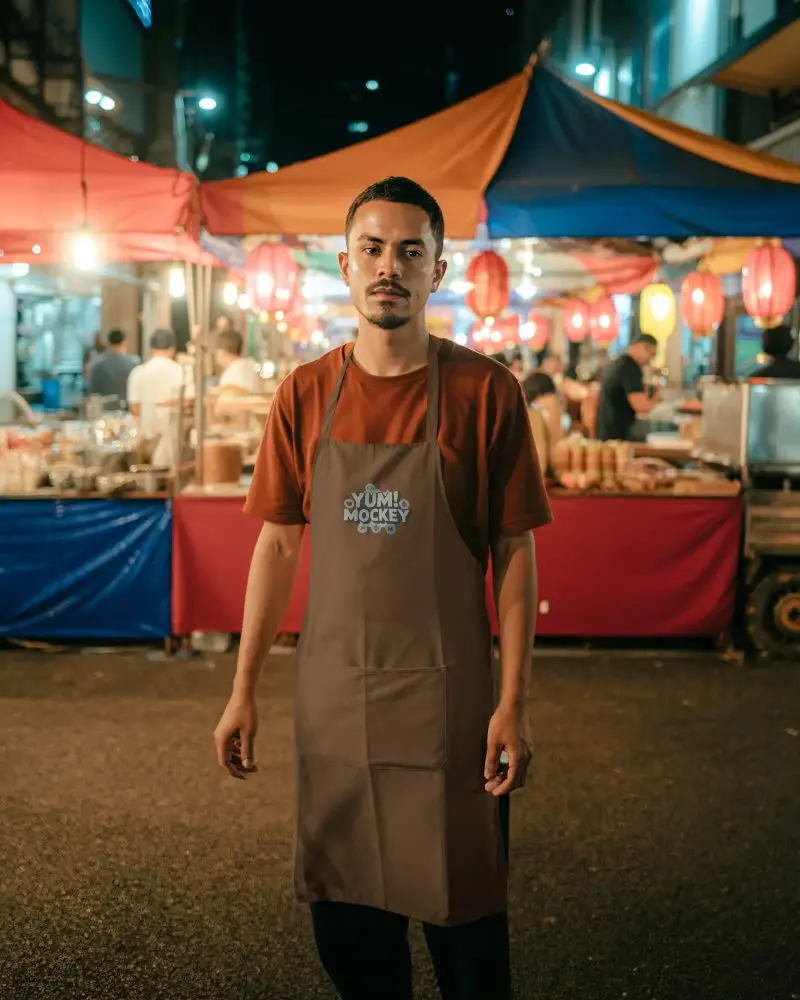 Durable Cotton Apron Mockup Worn By Market Stall Worker For Clean And Professional Look