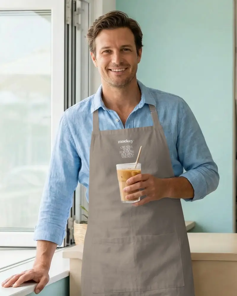 Adjustable Neck Strap Apron Mockup With Front Pocket For Easy Storage And Daily Kitchen Use
