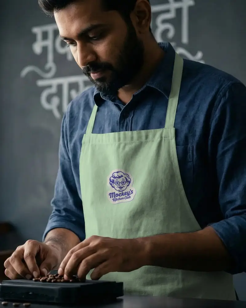 Skilled Barista In Stylish Apron Mockup Handling Coffee Beans For Fresh Brew Preparation