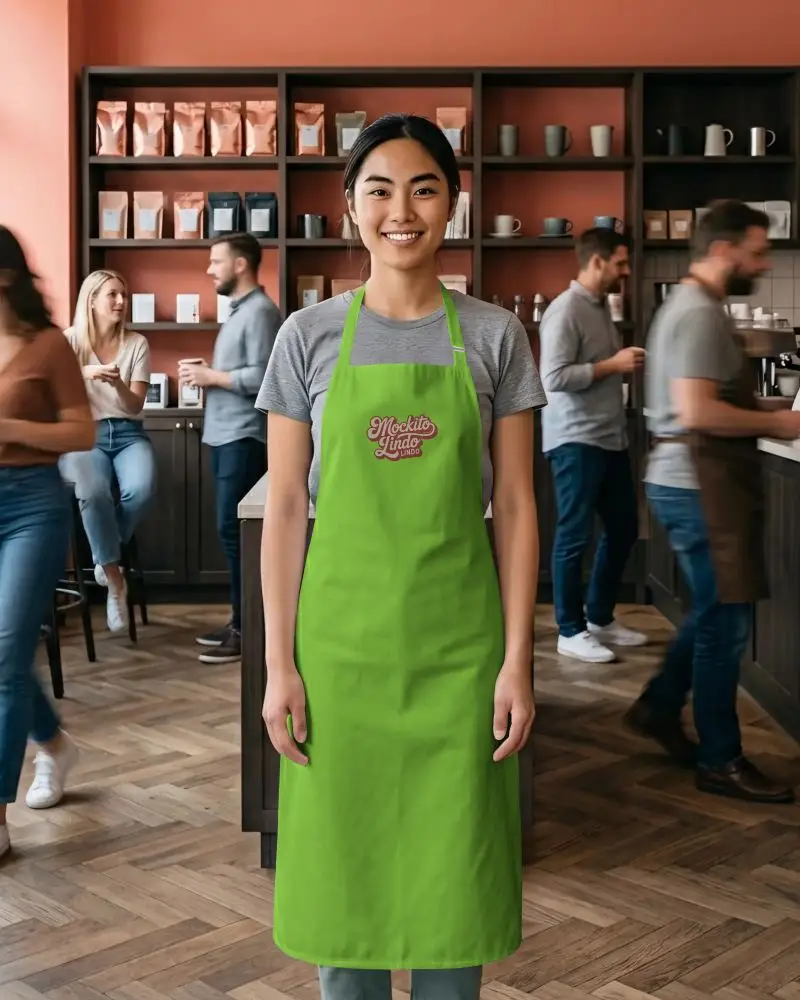 Friendly Barista In Apron Mockup Ready To Serve Custom Design Apparel For Coffee Shops