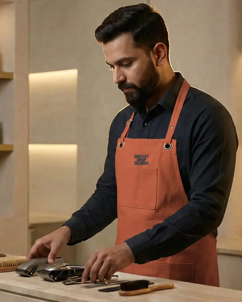 Durable Cotton Apron Mockup For Barber Shops With Front Pocket For Tools And Accessories