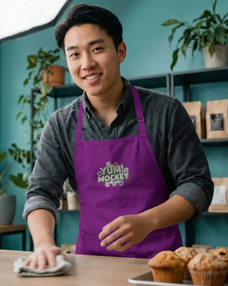 Male Chef In Adjustable Apron Mockup Cleaning Table In Cafe Or Bakery Setting With Smile