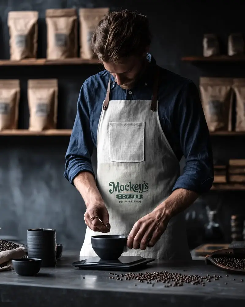 Artisan Barista Wearing Front Pocket Apron Working In Coffee Shop With Raw Coffee Beans Display