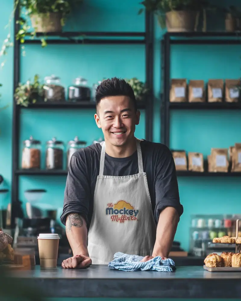 Cafe Owner With Apron Mockup Serving Customers In Modern Coffee Shop Environment Indoors