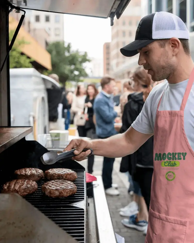 Street Food Vendor Wearing Apron Mockup Burgers On Outdoor Grill For Crowd