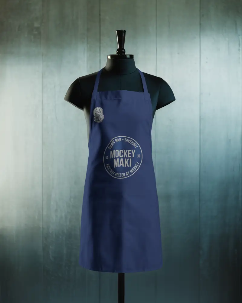 Modern Tailor Mannequin Apron Mockup Front View Soft Lighting Textured Wall Background