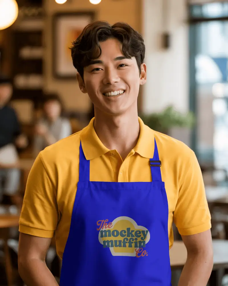 Cafe Staff Apron Mockup Front Facing Smiling Model Realistic Hospitality Interior Setting