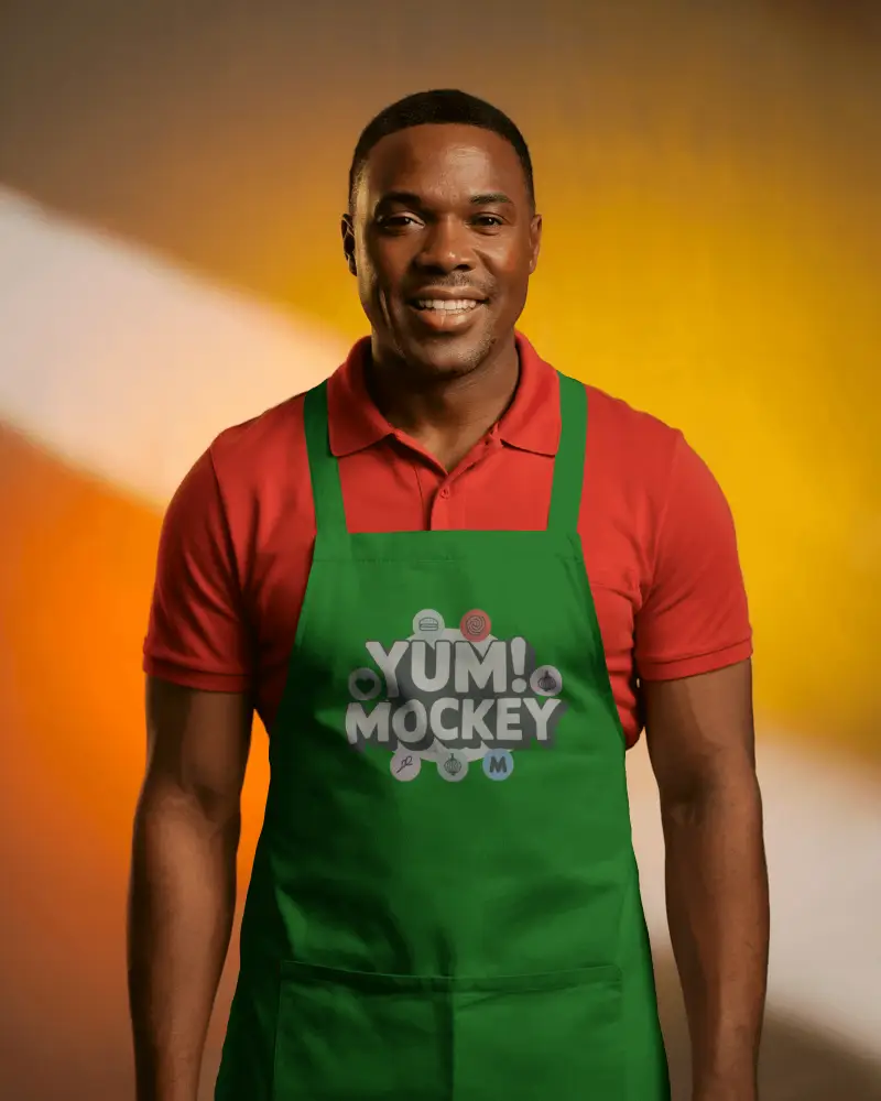 Studio Portrait Apron Mockup On Confident Model Front View Bold Lighting Clean Composition