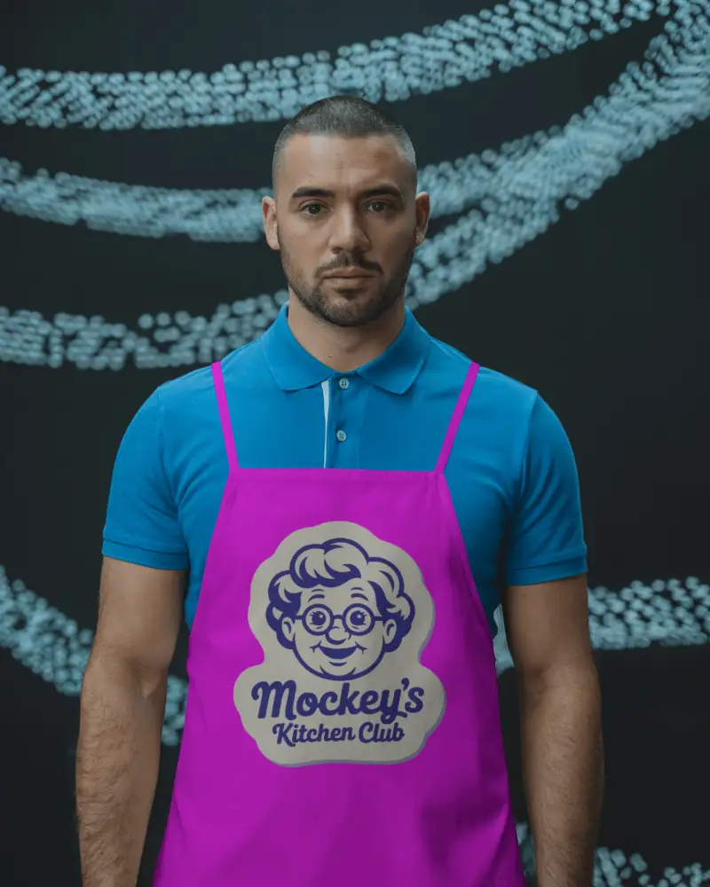 Futuristic Studio Apron Mockup Model With Graphic Background Pattern