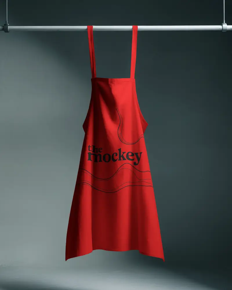 Hanging Apron Mockup On Rod Front View Soft Studio Lighting Minimal Commercial Display