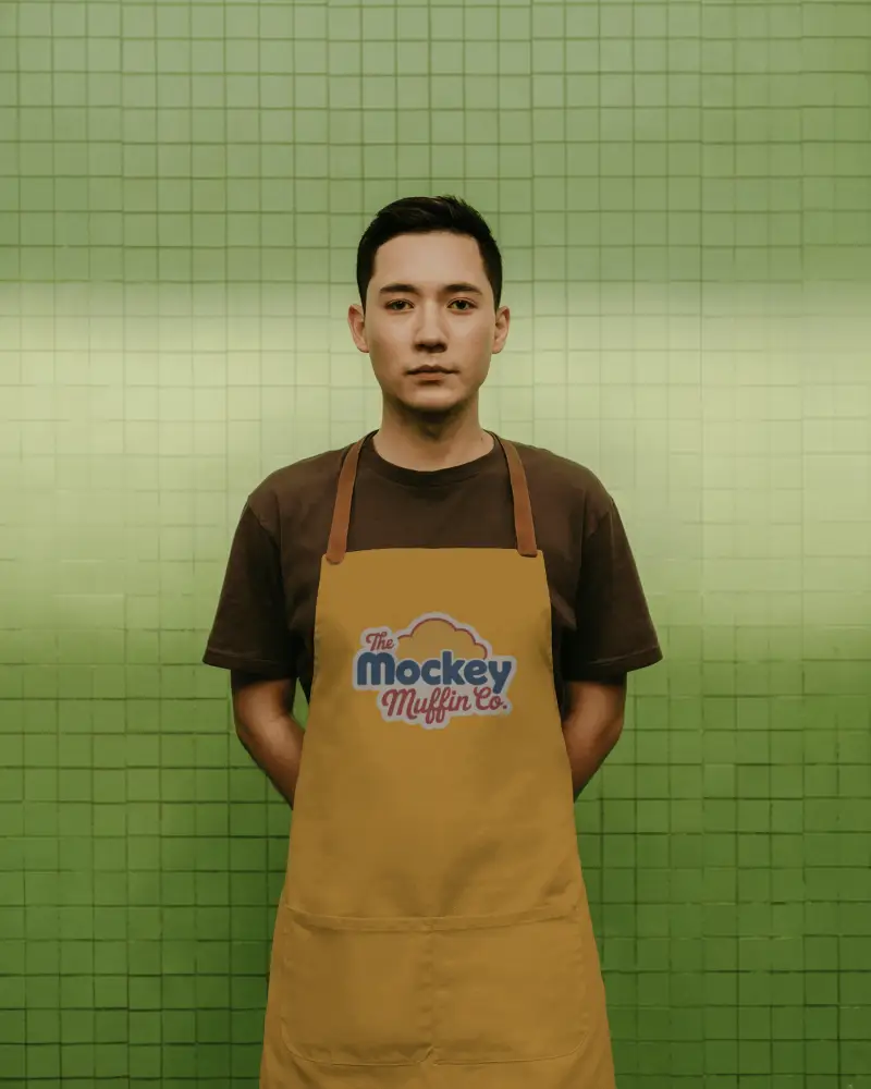 Front Facing Apron Mockup On Male Model Standing Against Tiled Wall Clean Uniform And Balanced Pose