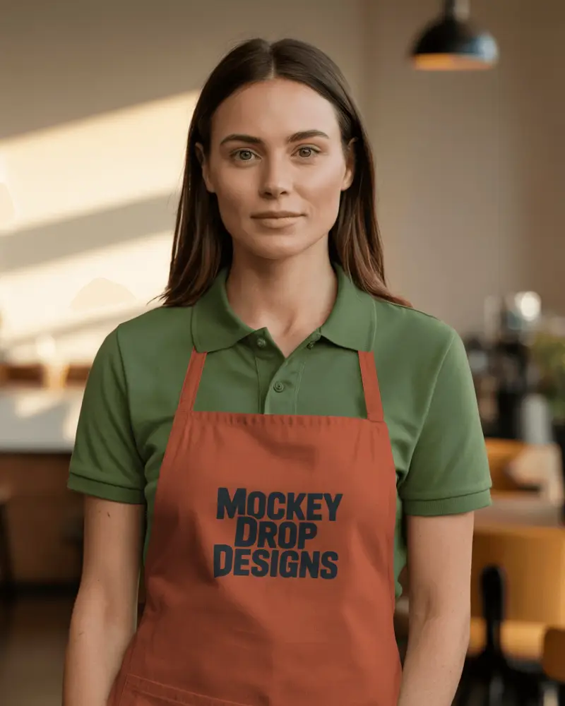 Professional Female Apron Mockup Front View In Modern Cafe Setting Soft Light And Natural Workflow
