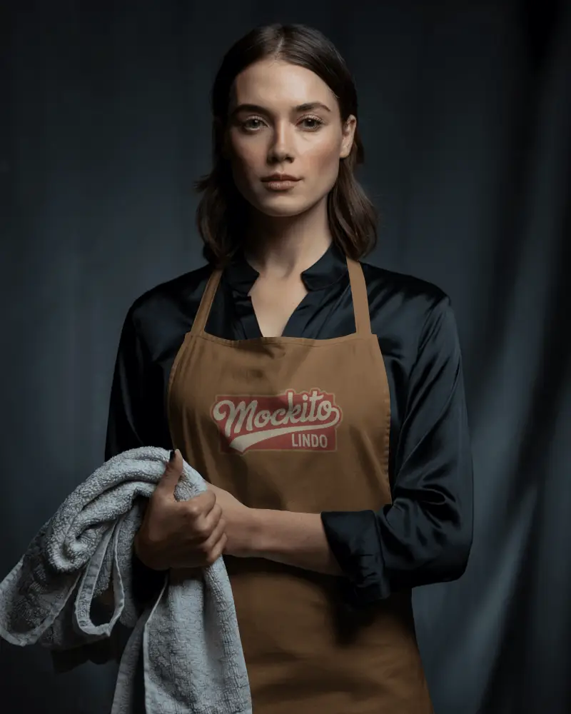 Cinematic Portrait Apron Mockup On Female Model Holding Towel Soft Light And Elegant Composition