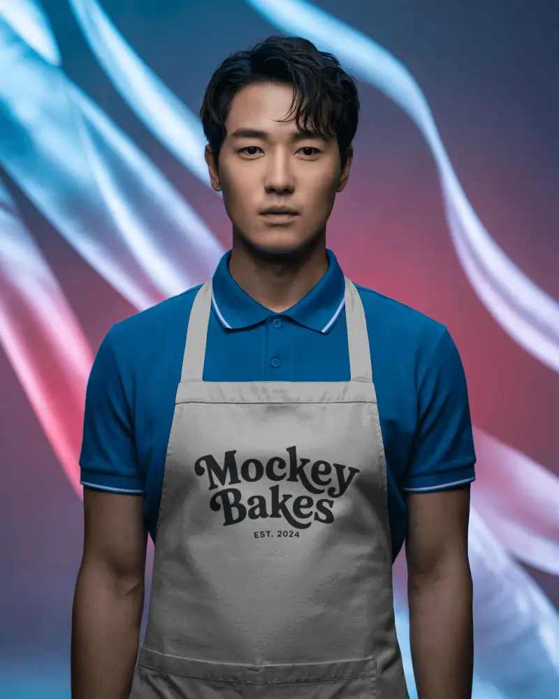 Studio Portrait Apron Mockup On Male Model Front View Minimal Pose With Abstract Light Trails