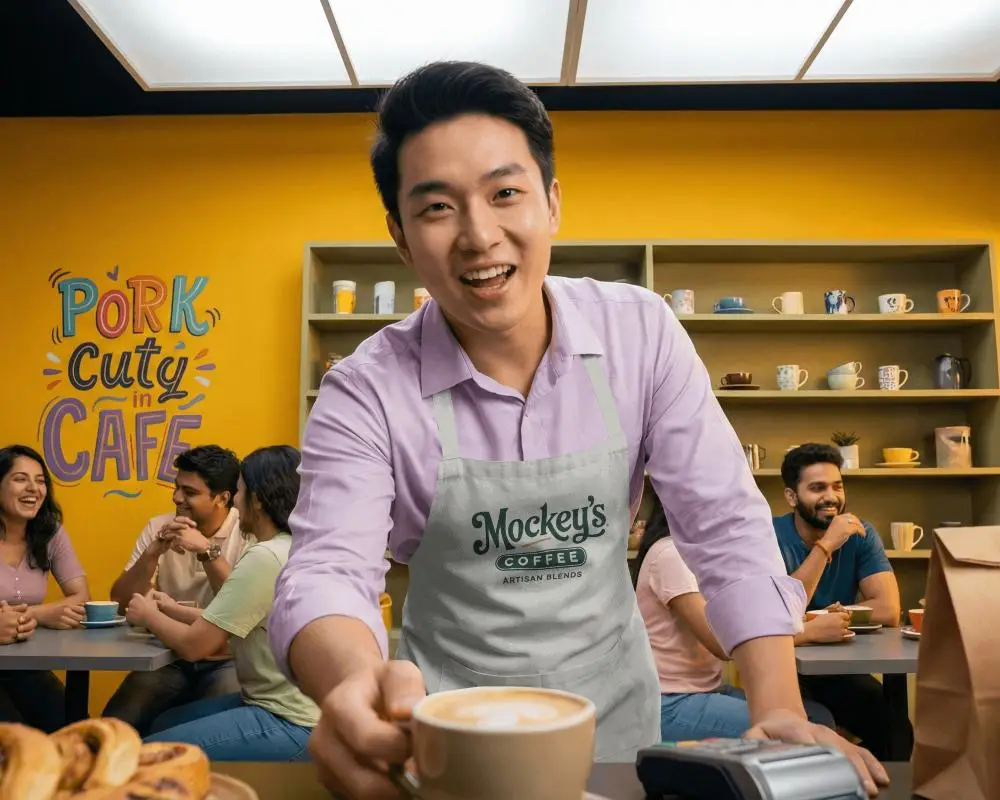 Cheerful Barista Serving Coffee In Modern Cafe With Apron Mockup On Ready To Serve Customers