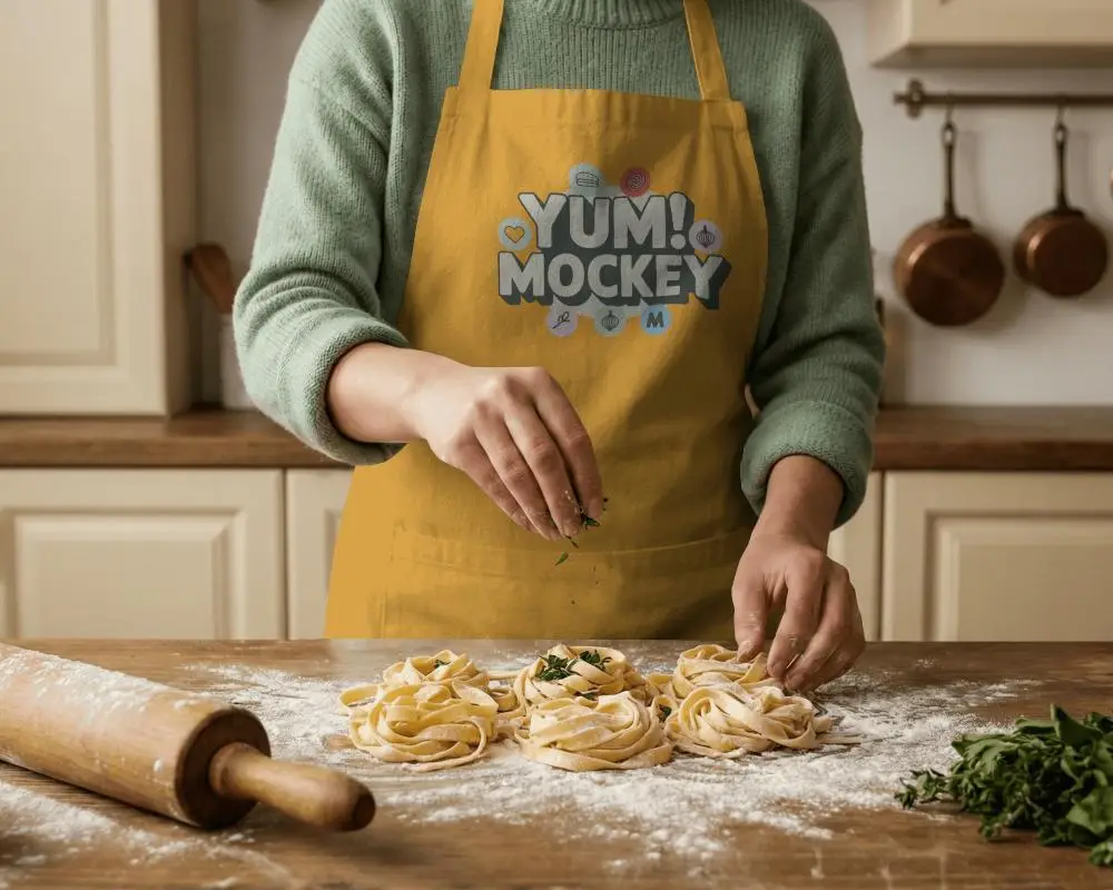Professional Culinary Apron Mockup Worn By Cook Making Fresh Pasta On Wooden Countertop