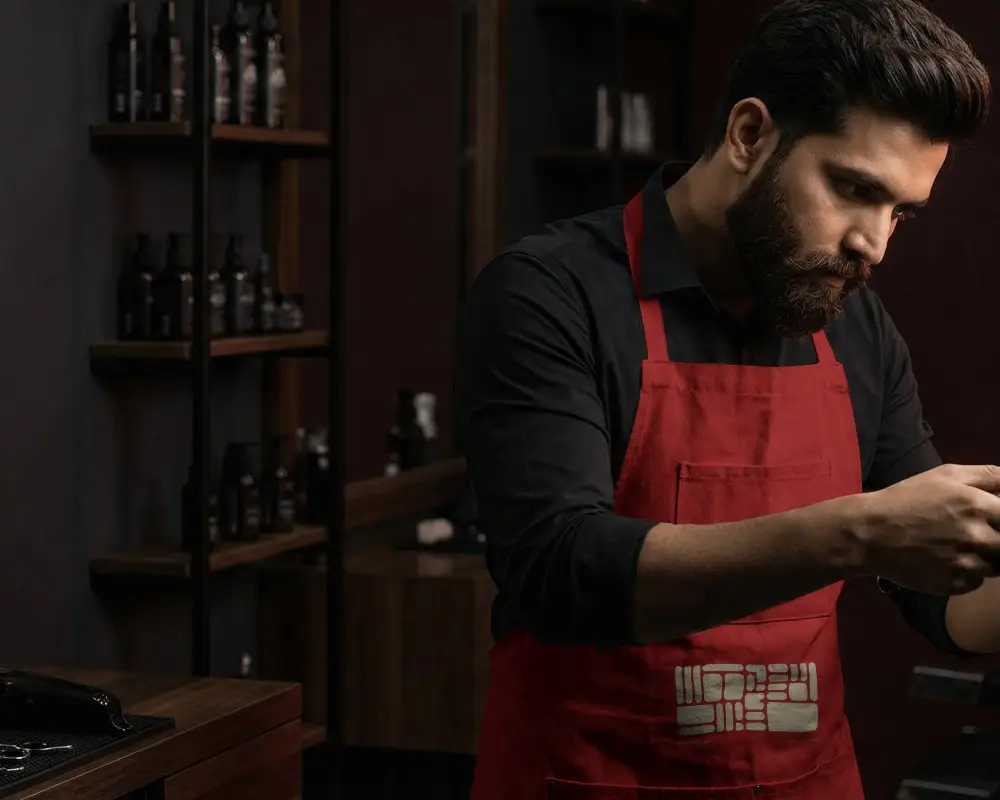Professional Craftsman Wearing Durable Apron In Workshop Setting For Safety And Comfort
