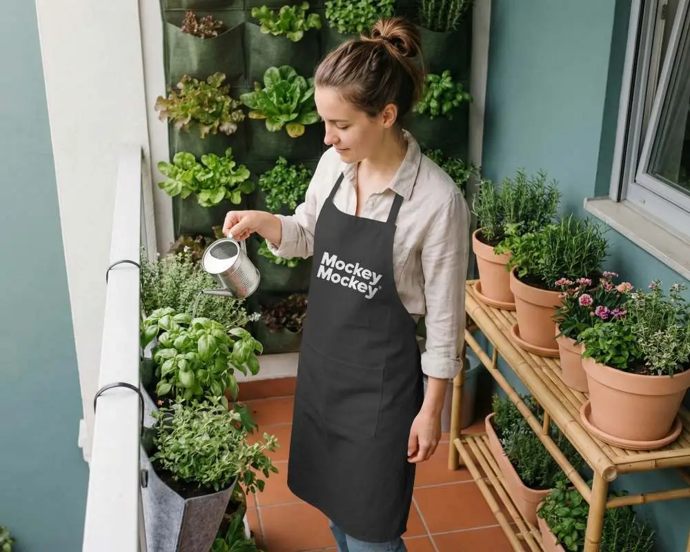 Woman Wearing Durable Apron Mockup Watering Her Balcony Herb Garden Outdoor Lifestyle