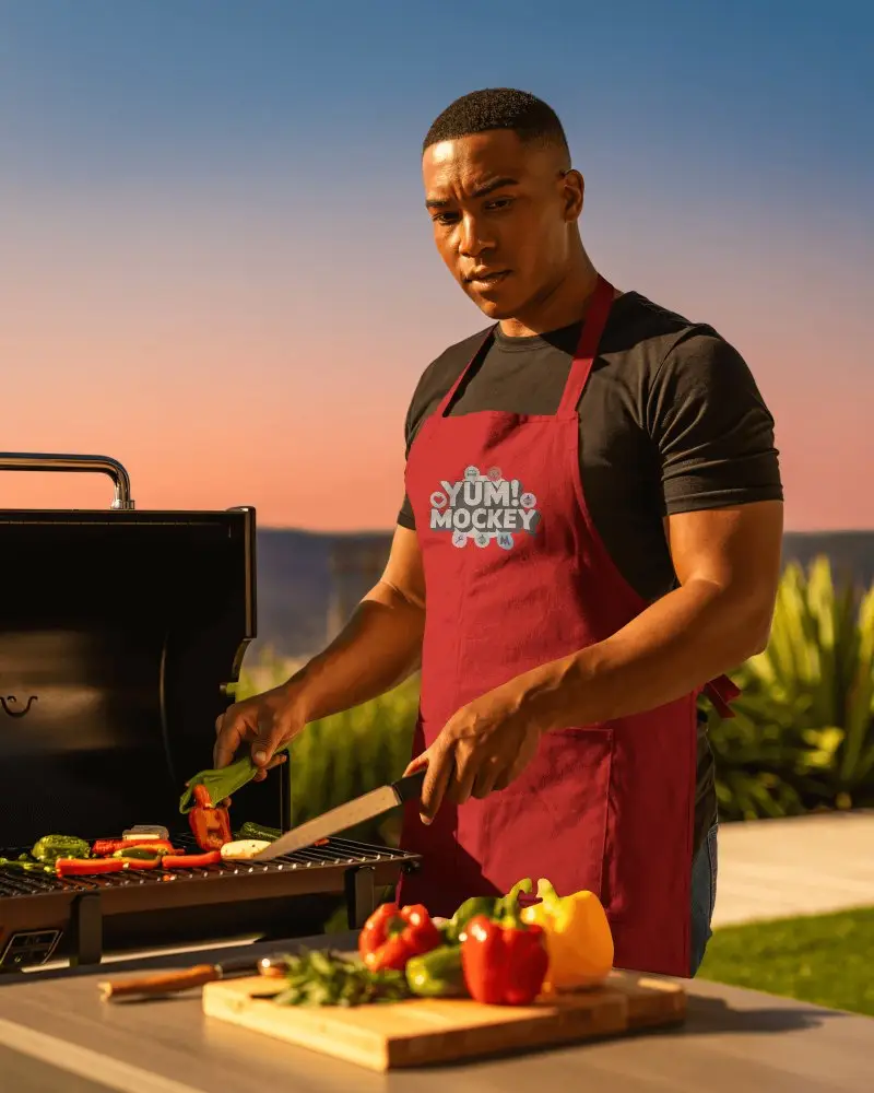 Premium Outdoor Cooking Apron Mockup For Men Adjustable Strap Barbecue Kitchen Grilling Protection