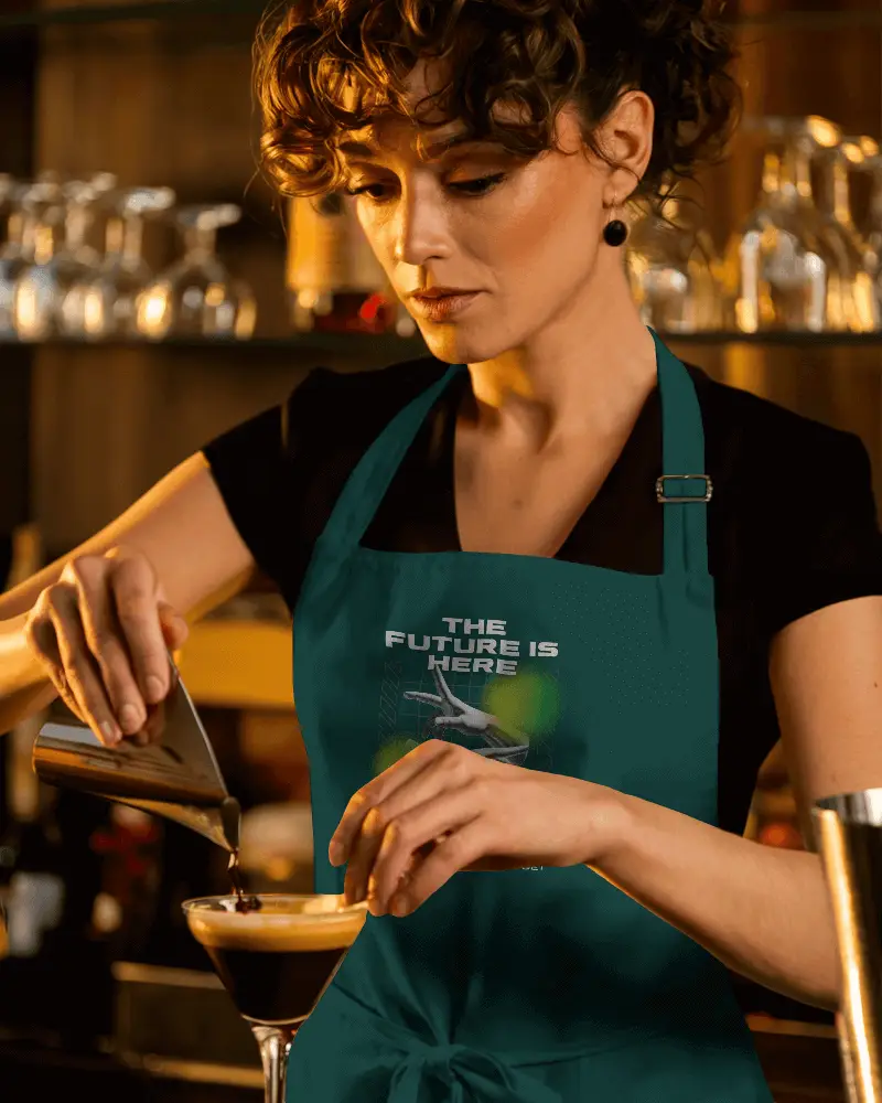 Elegant Bar Apron Mockup Female Bartender Pouring Drink In Moody Lighting