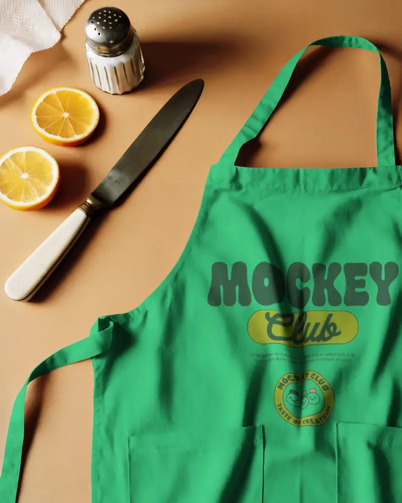 Apron Mockup With Kitchen Accessories Knife Lemon And Salt Container Flat Lay Warm Toned Background