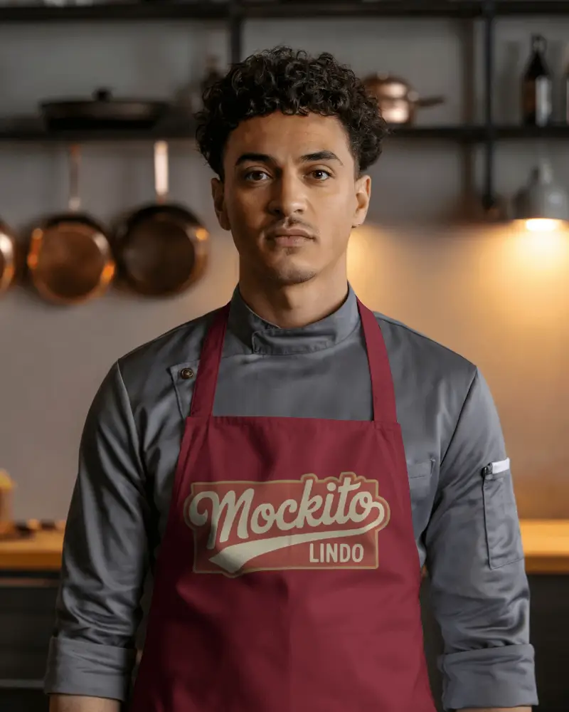 Professional Chef Wearing Quality Kitchen Apron Mockup For Cooking And Food Preparation Safety