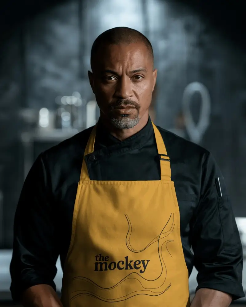 Professional Chef Wearing Kitchen Apron Mockup For Cooking And Culinary Workwear Mockup