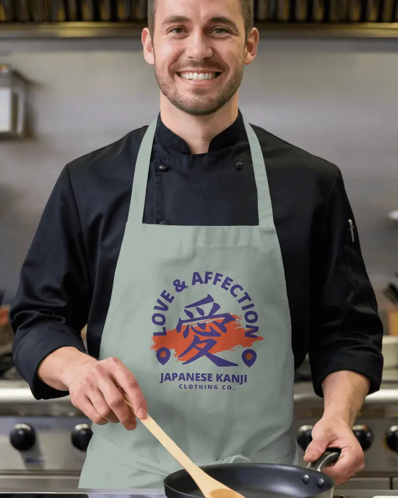 Commercial Kitchen Apron Mockup Happy Chef Cooking With Pan And Spatula