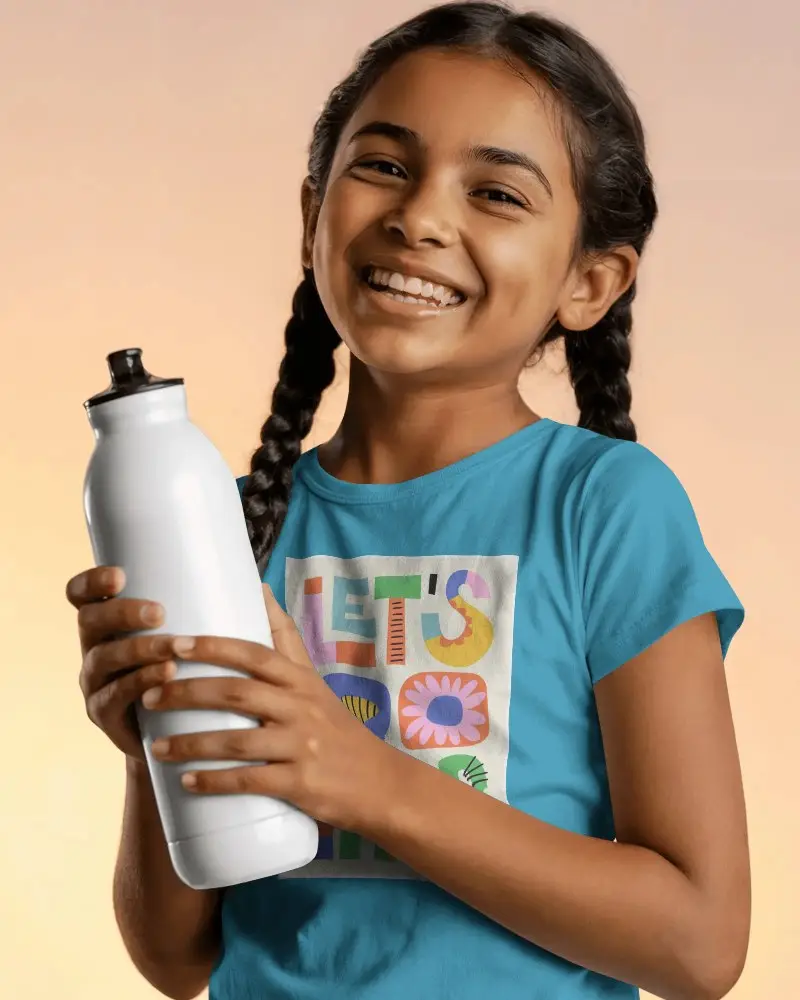 Happy Kid Wearing Comfortable Baby Tee Holding Sports Water Bottle For Outdoor Play