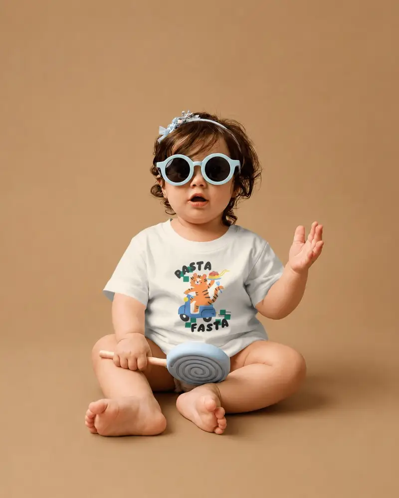 Baby Tee Mockup Toddler Model Sitting Cross Legged With Sunglasses On Warm Beige Studio