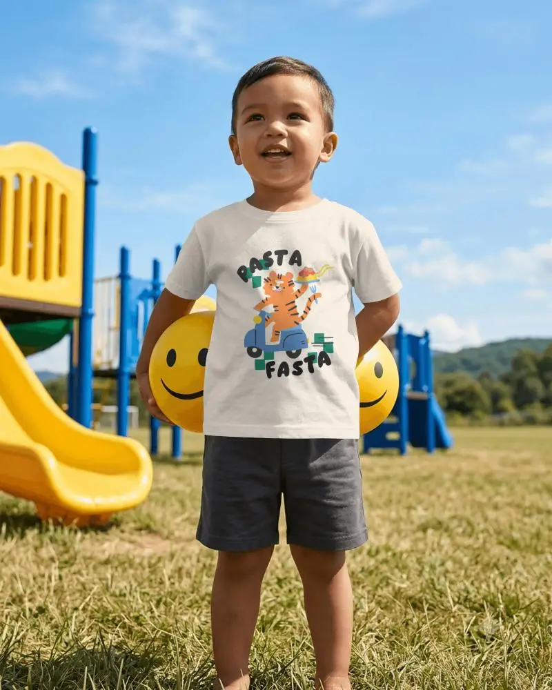 Baby Tee Mockup Toddler Boy Standing At Playground Holding Smiley Balls Under Blue Sky