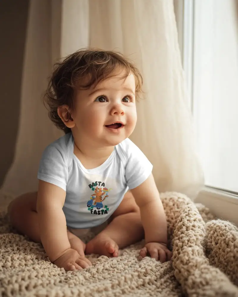 Baby Tee Mockup Cute Infant Sitting Indoor Natural Light Soft Fabric Texture