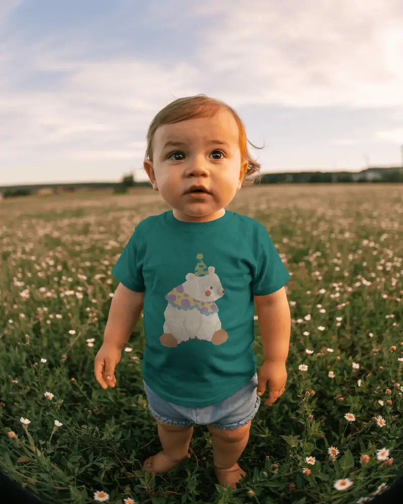 Curious Toddler Standing In Wildflower Field Baby Tee Mockup Wide Angle Nature Photography