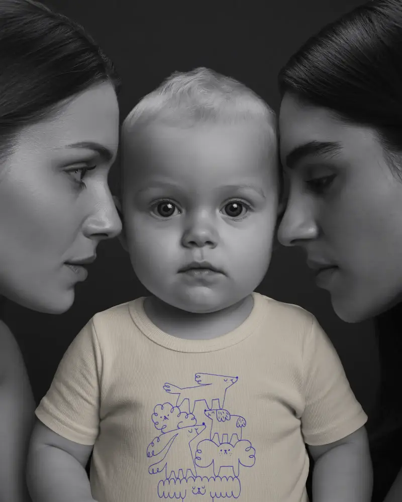 Studio Portrait Baby Tee Mockup Baby Centered Between Two Adults Symmetrical Closeup Shot