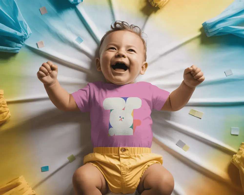 Joyful Toddler Laughing On Play Mat Baby Tee Mockup Top View Playful Motion Background