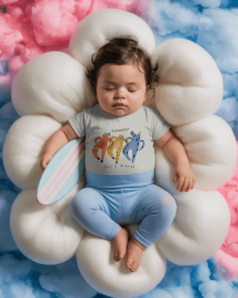 Sleeping Baby On Soft Cloud Cushion Baby Tee Mockup Dreamlike Newborn Style Photography