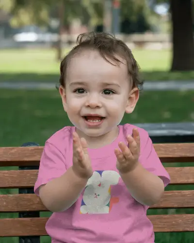 Happy Toddler Clapping Hands On Park Bench Baby Tee Mockup Candid Outdoor Lifestyle Shot