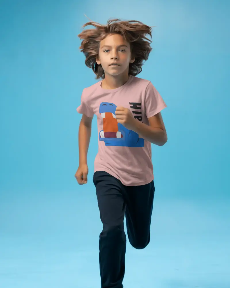 Running Child Baby Tee Mockup Studio Action Pose Flowing Hair Dynamic Fashion Photography Shot