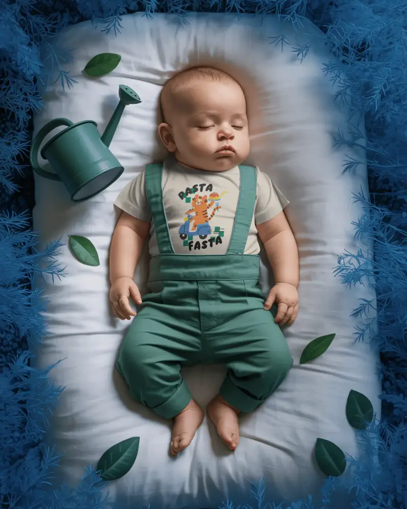 Sleeping Baby Baby Tee Mockup Flat Lay Photography Newborn Resting On Soft Pillow Prop Scene