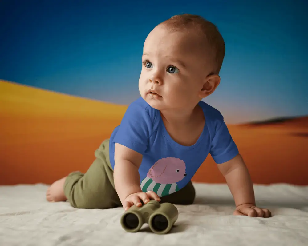 Crawling Baby Baby Tee Mockup Lifestyle Photography Exploration Concept With Toy Binoculars