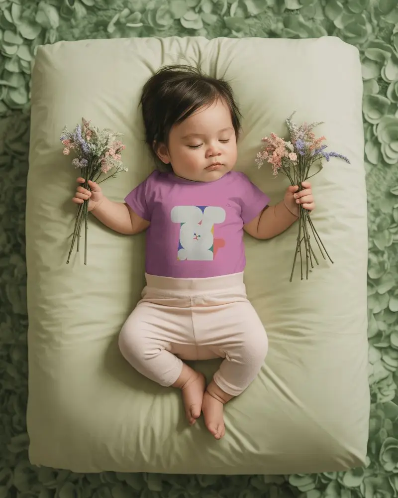 Baby Tee Mockup Sleeping Baby Laying On Cushion With Flowers In Each Hand For Design