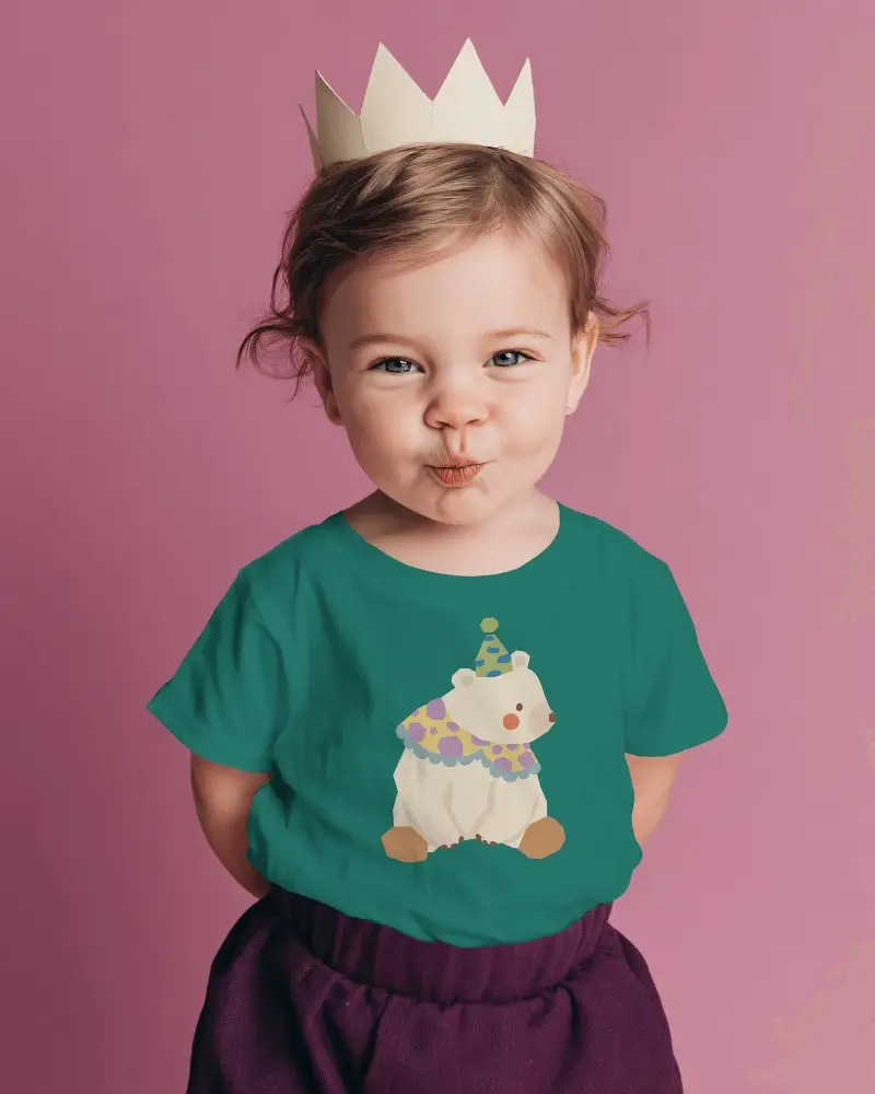 Cute Baby Tee Mockup With Kid Smiling Standing In Studio Background For Design Showcase
