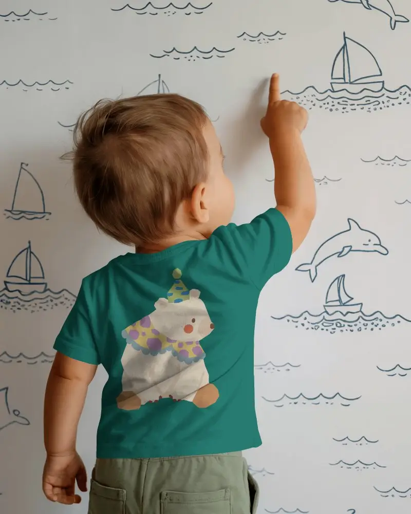 Baby Tee Mockup Back View Toddler Wearing Tshirt Pointing At Nautical Wall Illustrations