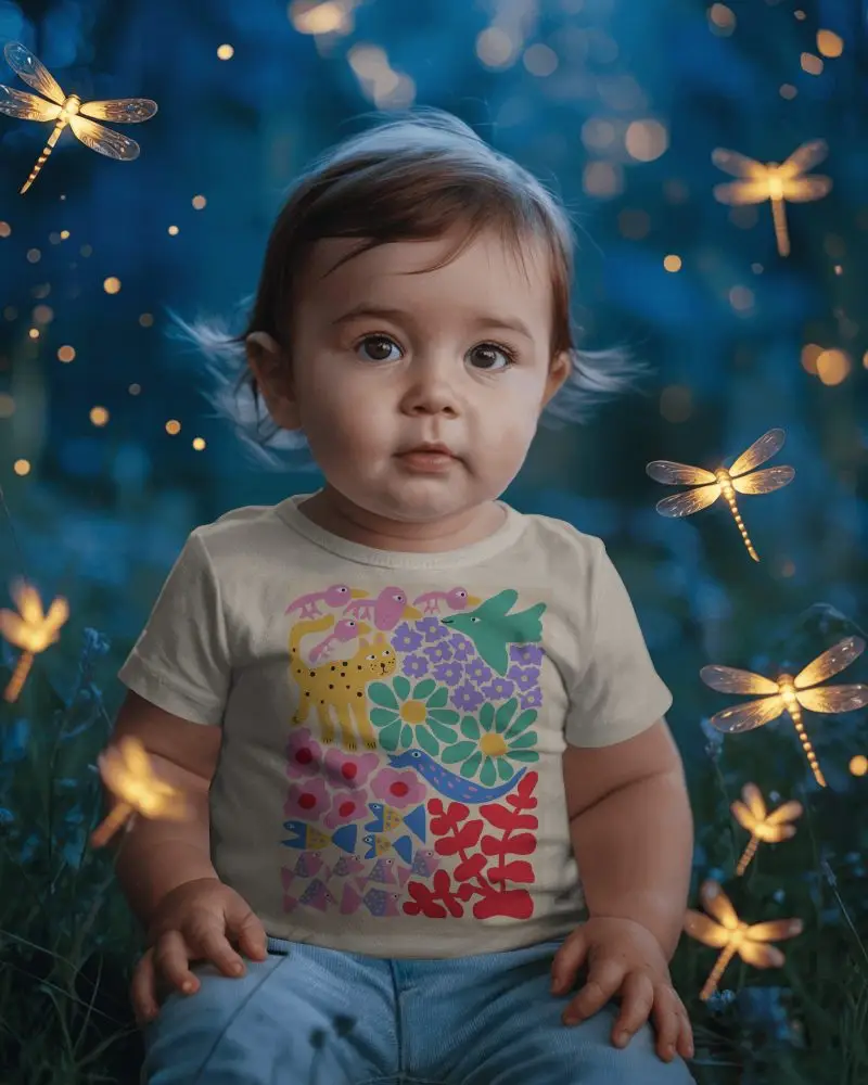 Baby Tee Mockup Infant Wearing Tshirt Sitting Among Glowing Fireflies Magical Night Scene