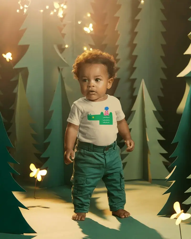 Baby Tee Mockup Toddler Wearing Tshirt Standing In Magical Forest Set With Glowing Butterflies