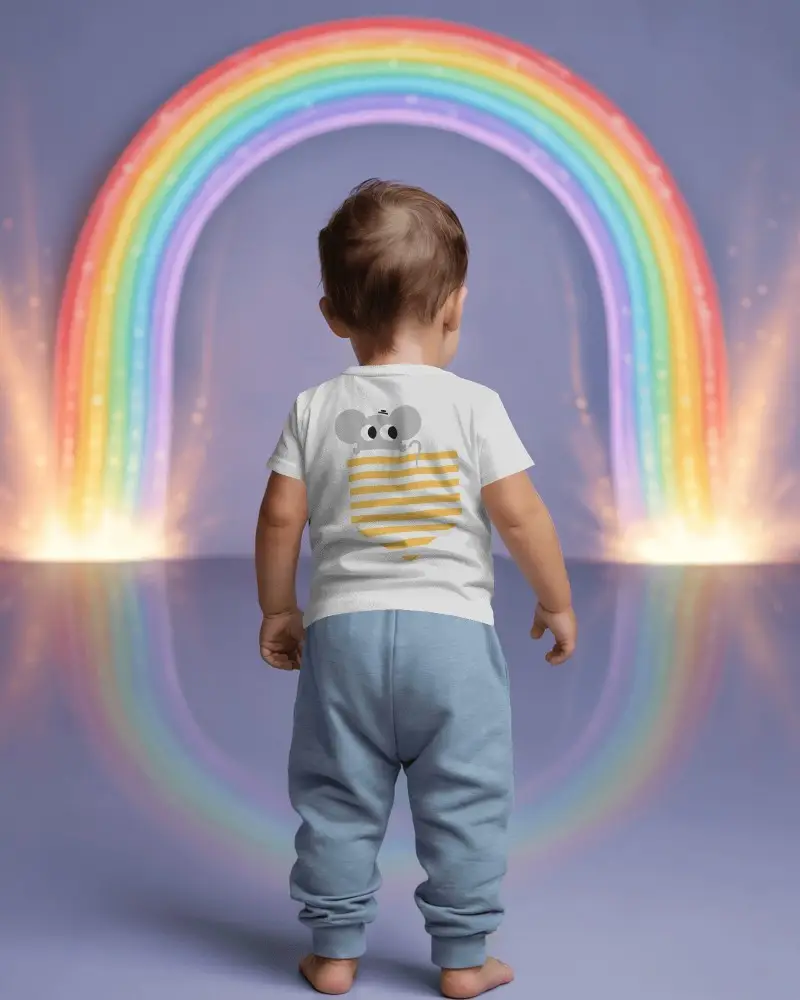 Baby Tee Mockup Back View Baby Wearing Tshirt Walking Toward Glowing Rainbow Fantasy Scene