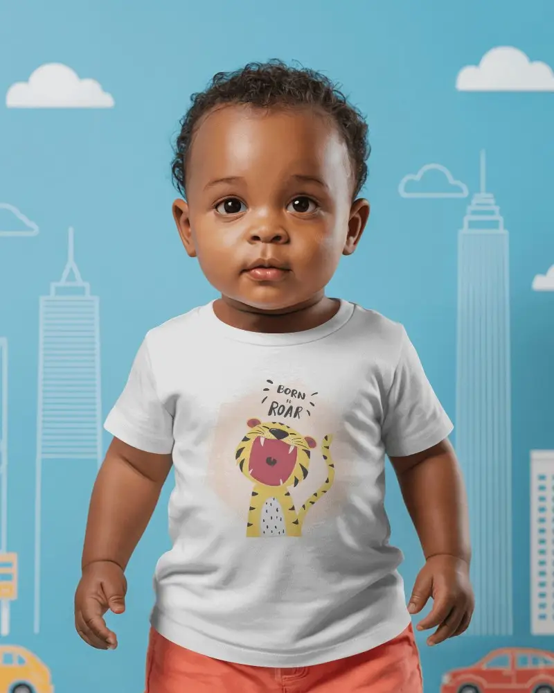 Baby Tee Mockup Front View Infant Wearing Tshirt Against Playful Cityscape Illustration