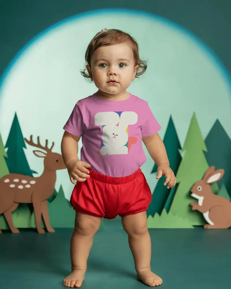 Baby Tee Mockup Infant Wearing Tshirt Standing In Woodland Scene With Deer And Rabbit Art